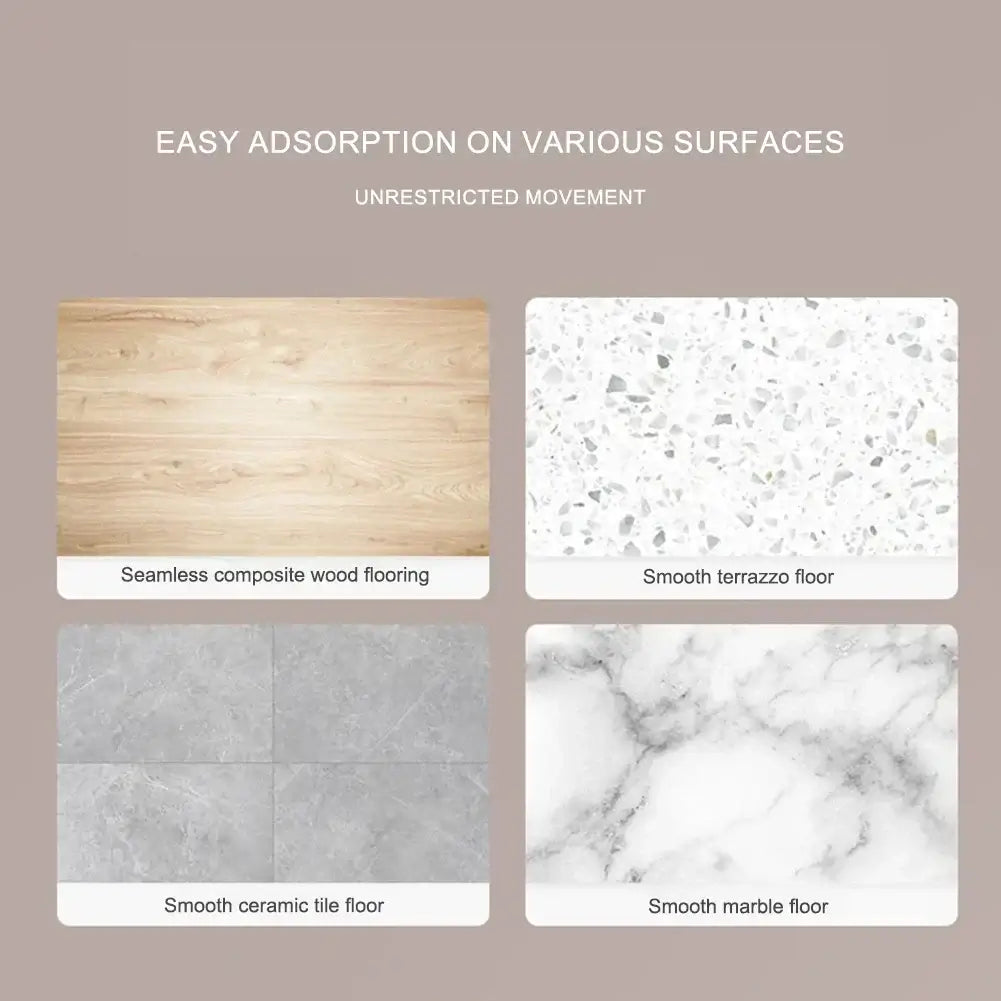 Easy adsorption on various surfaces, showcasing seamless wood, terrazzo, ceramic, and marble floors.