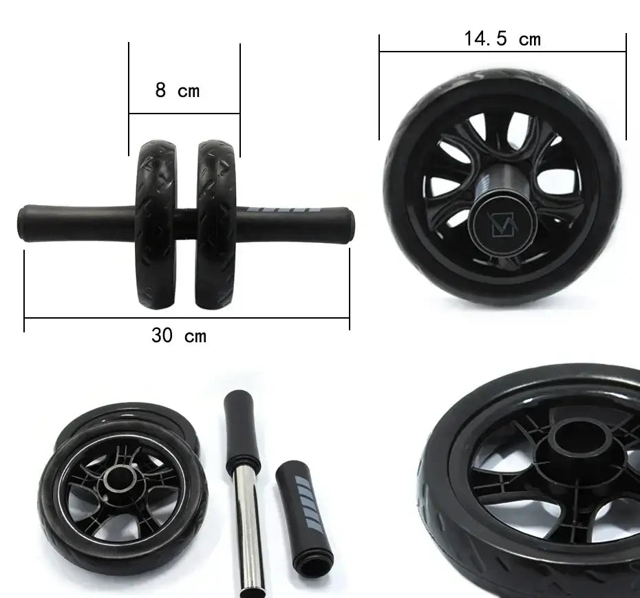 Non-slip double-wheel ab roller dimensions showcasing 15cm double wheel design, providing stability for effective workouts.