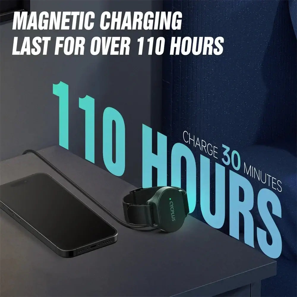 Bluetooth heart rate monitor armband showcasing magnetic charging, lasting over 110 hours with a 30-minute charge.