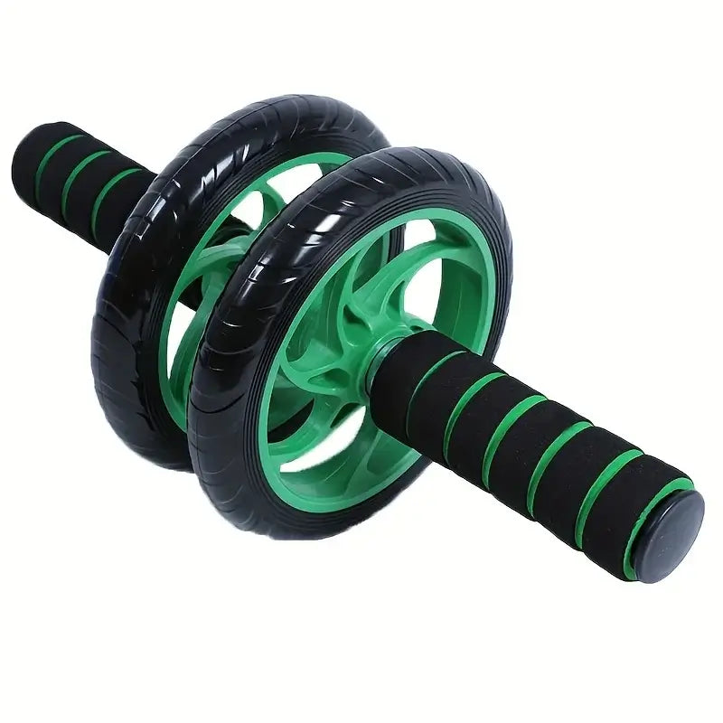 Double-wheeled ab roller non-slip muscle trainer in green with ergonomic grips for effective workouts.