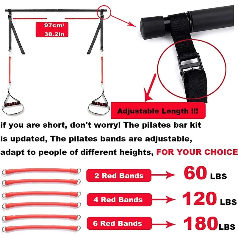 Yoga Resistance Bands Pilates Stick with adjustable length and multiple band options for varied resistance levels.