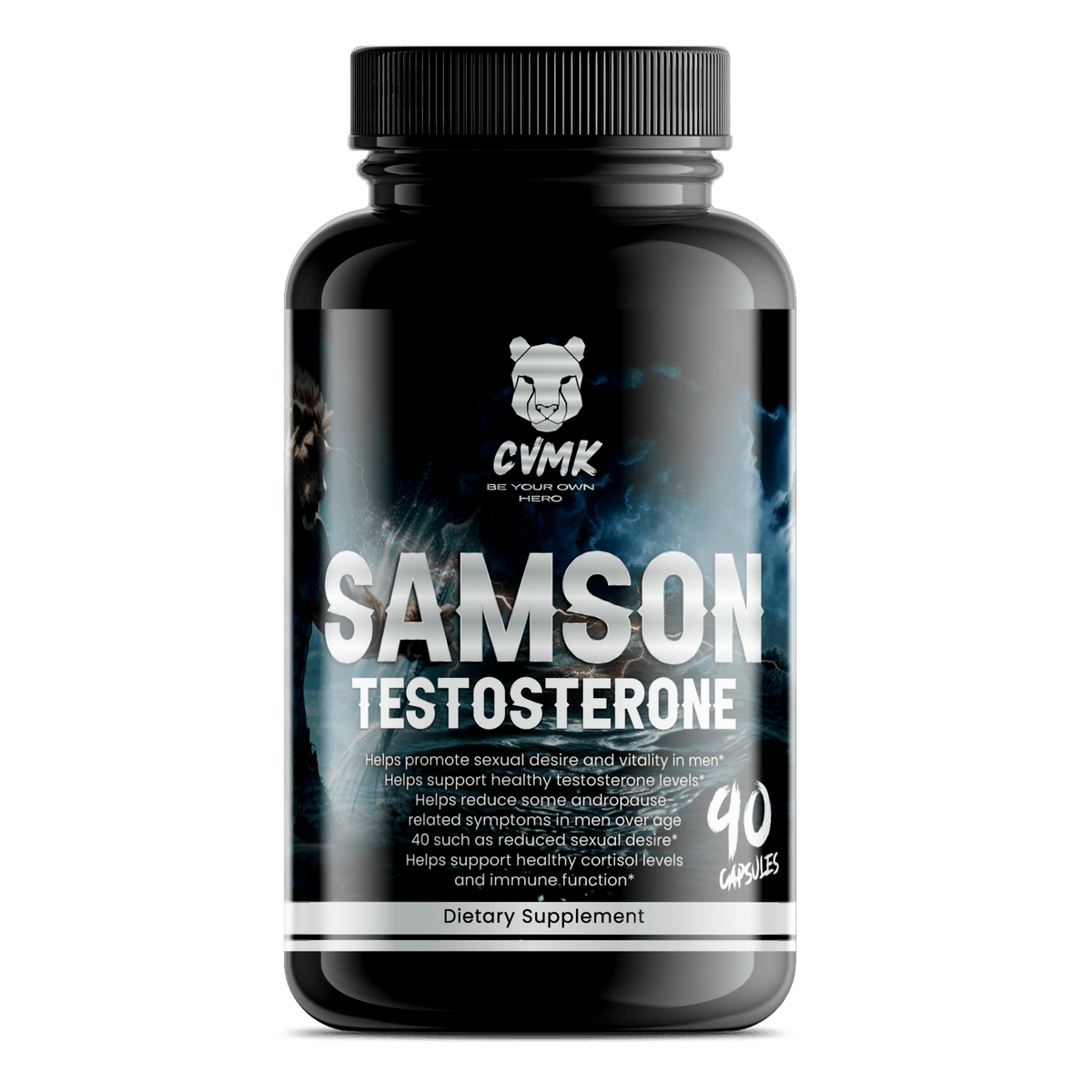 Samson active lifestyle dietary supplement in a black bottle with 90 capsules for vitality and testosterone support.