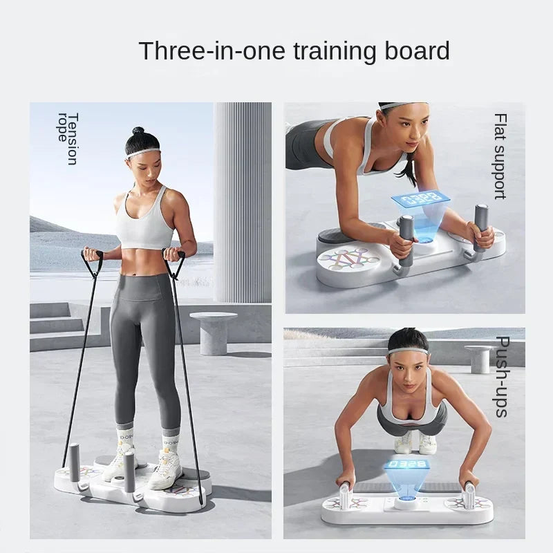 Image of a multifunctional push-up board showing three-in-one training options: tension rope, flat support, and push-ups.