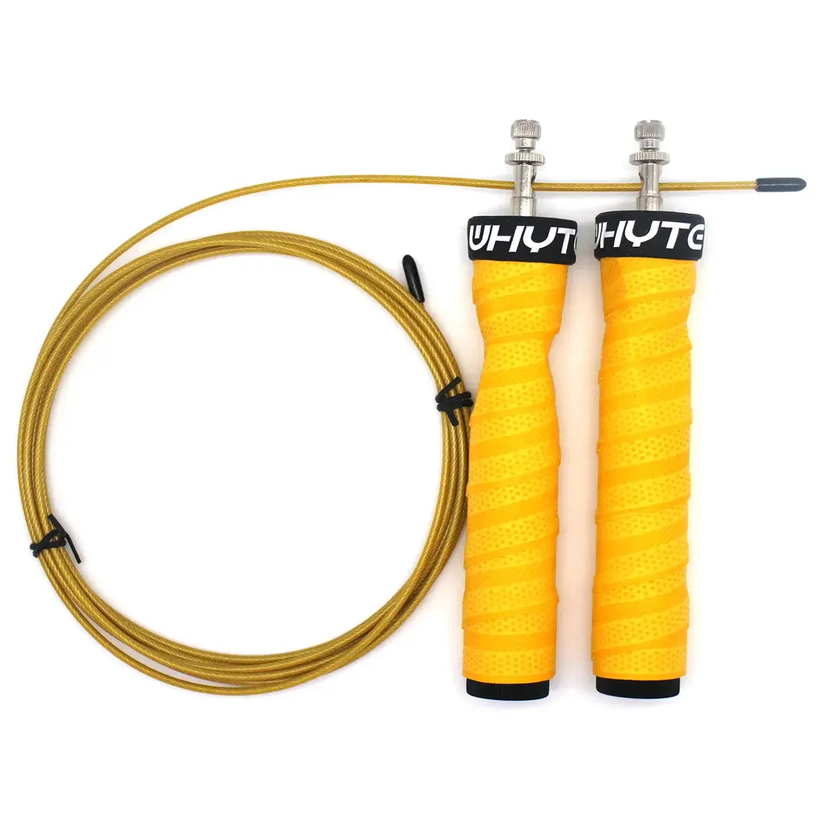 weighted crossfit jump rope with yellow textured handles and adjustable cable for effective sports training.