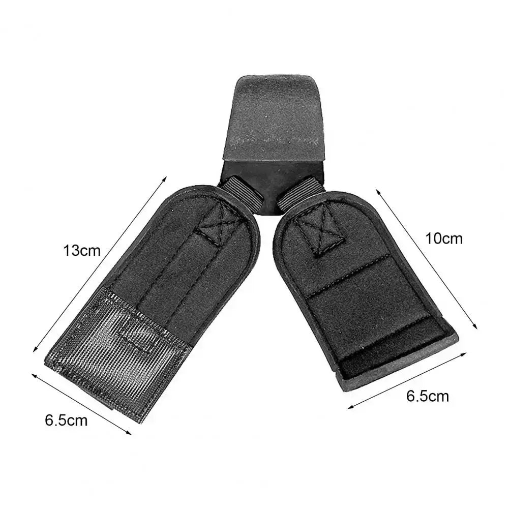 Leather weight lifting hooks shown from above with dimensions labeled: Length 13cm, Width 6.5cm, in black color.
