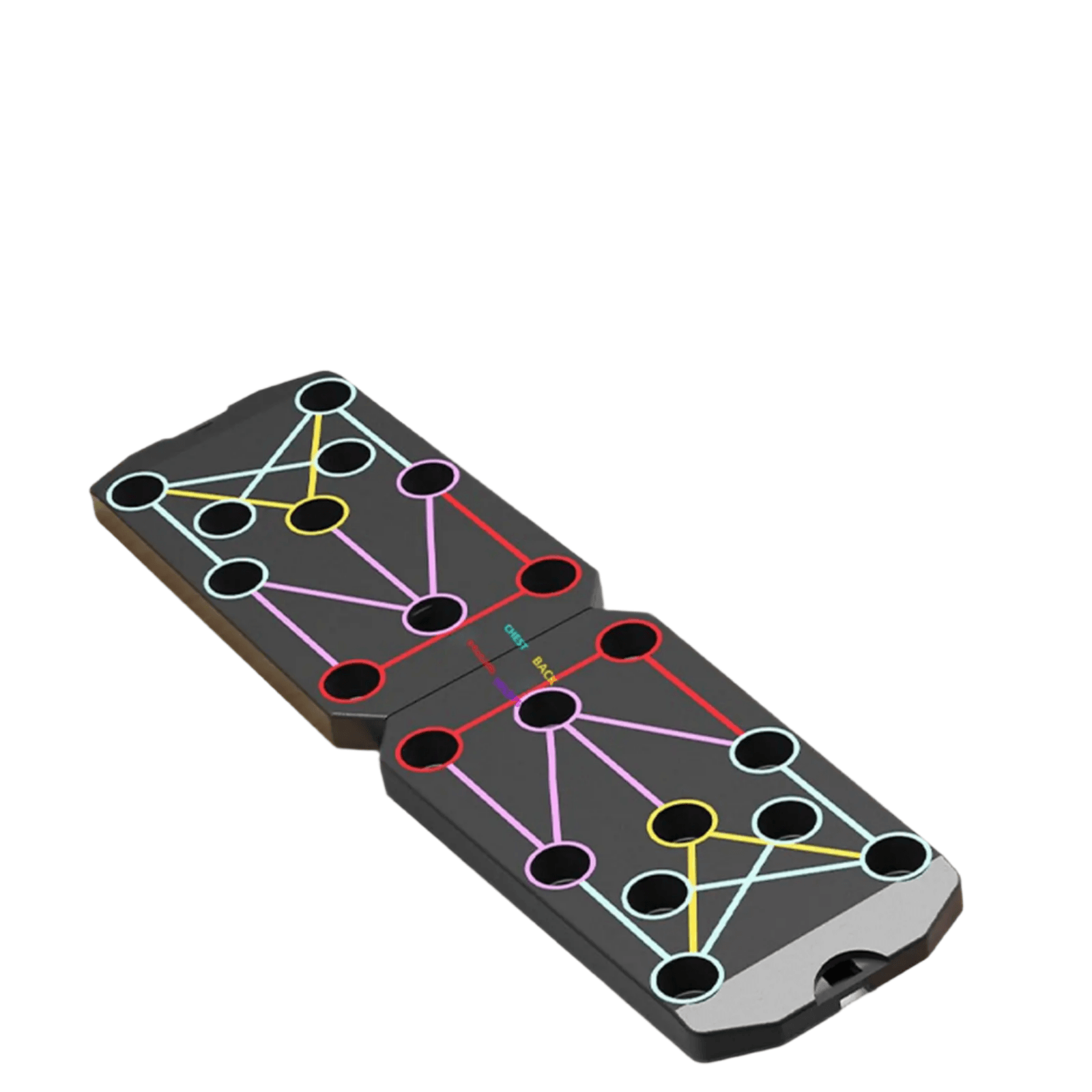 Folding Push-Up Board with Resistance Bands Black shown in use, displaying various color-coded exercise positions.