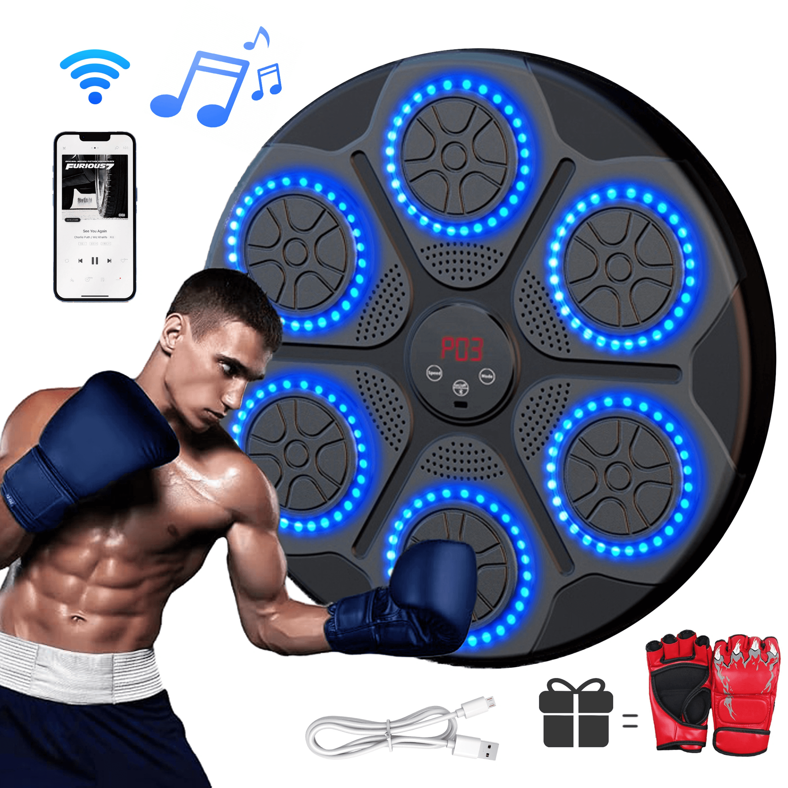 Smart Music Boxing Machine with Bluetooth connectivity, showcasing a boxer and gloves for fitness fun.