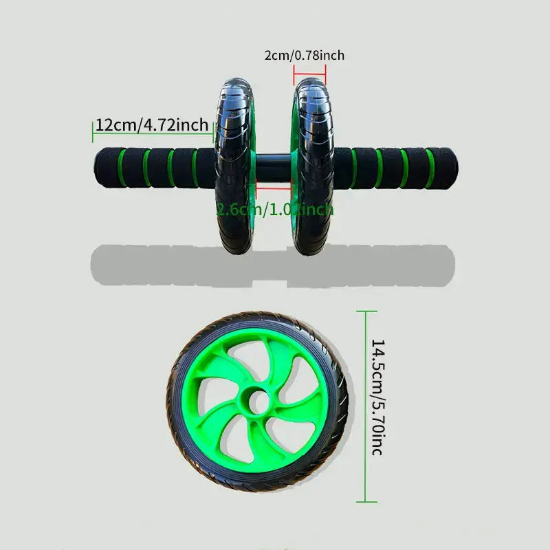 Double-wheeled ab roller dimensions and details, featuring ergonomic grips and vibrant green wheel design.