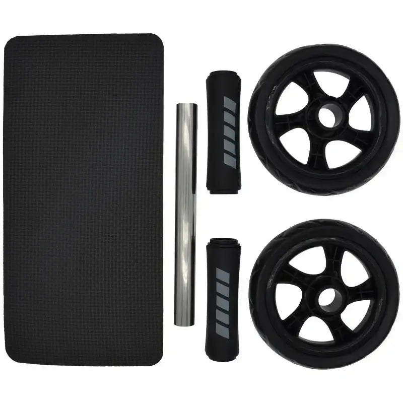 Non-slip double-wheel ab roller set featuring double wheels, handles, and mat for effective workouts.