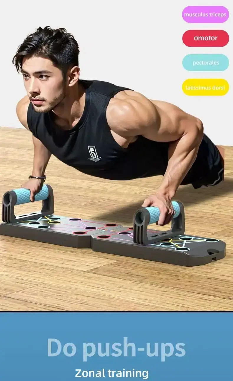 Man performing push-ups on a Folding Push-Up Board with Resistance Bands, showcasing workout technique and fitness equipment.
