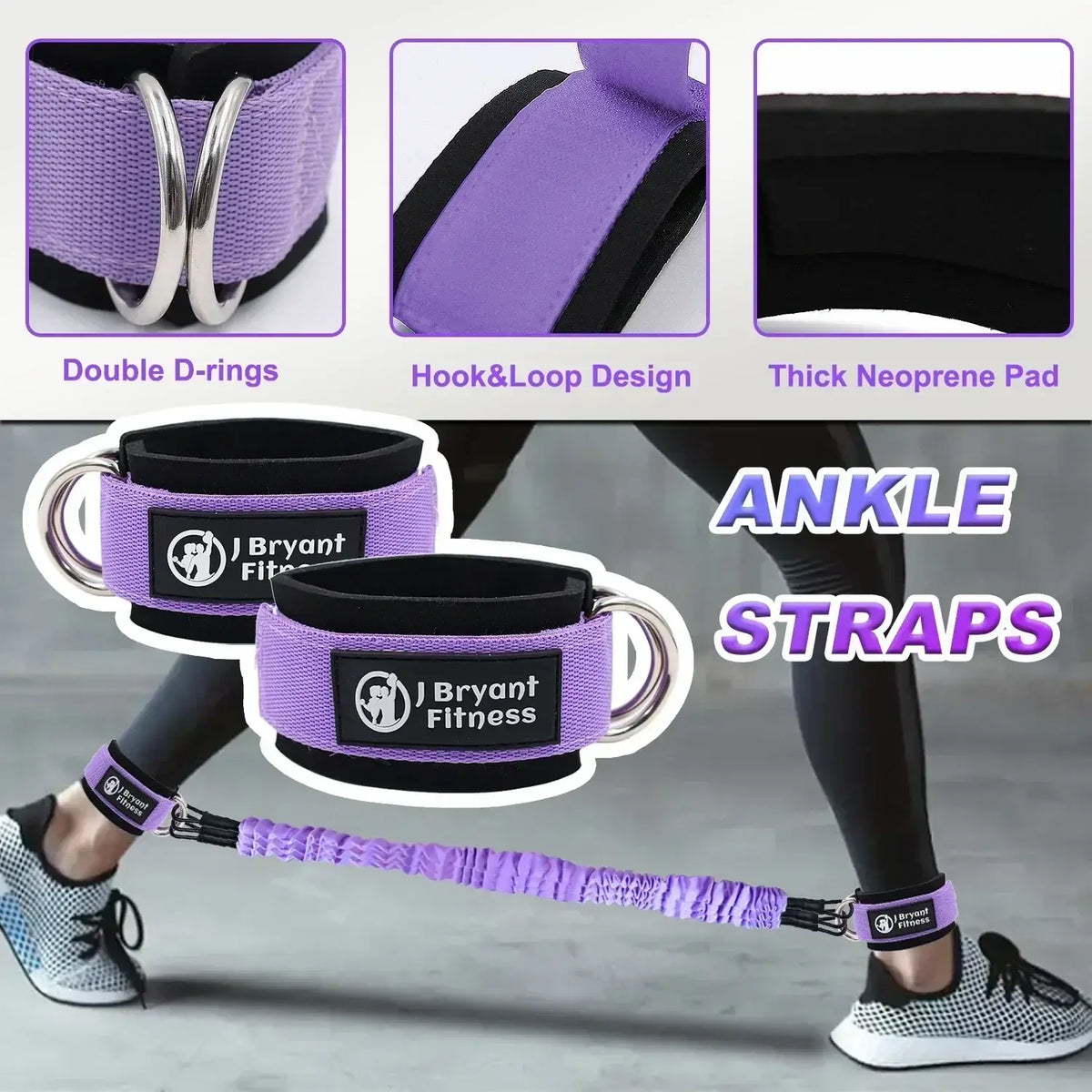 Ankle resistance bands for leg glute workouts with double D-rings and thick neoprene pad for comfort and support.