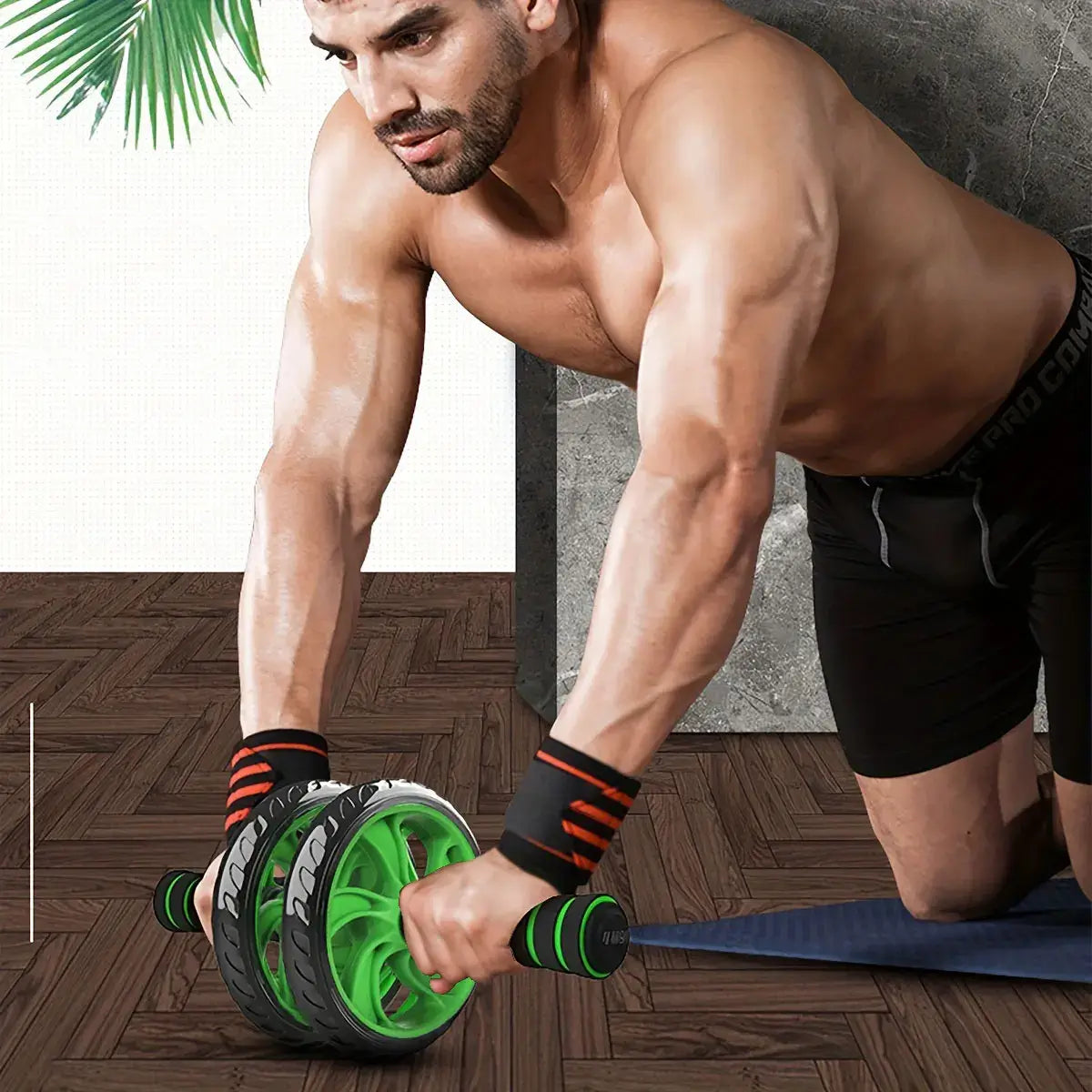 Man using a double wheeled ab roller for an effective core workout on a gym mat.