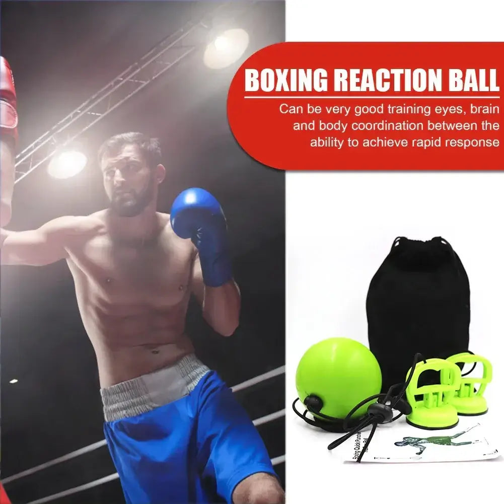 Boxing reflex ball speed training setup with adjustable suction cup, featuring a boxer practicing agility and coordination.