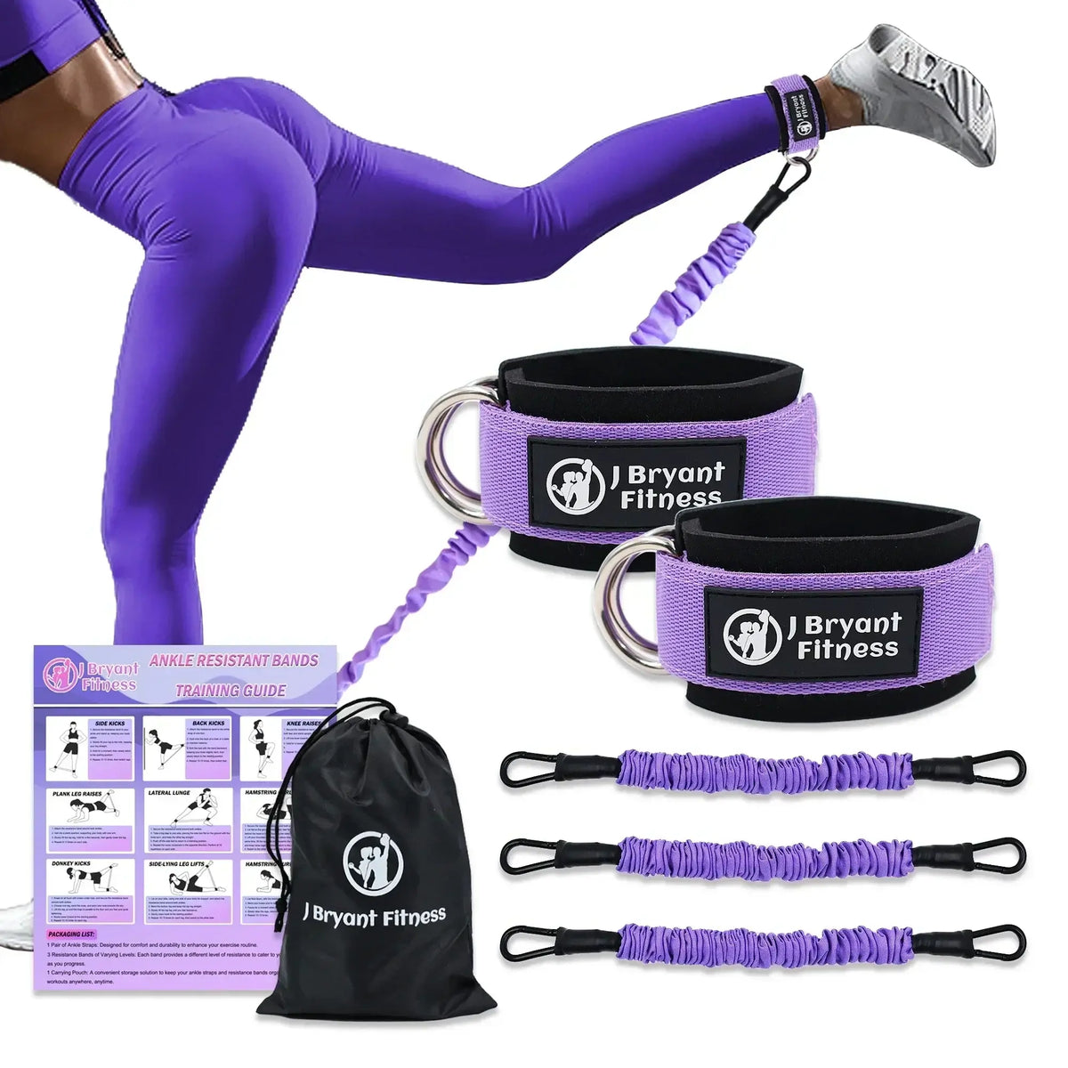 Ankle resistance bands for leg glute workouts displayed with cuffs and resistance levels in a fitness setting.