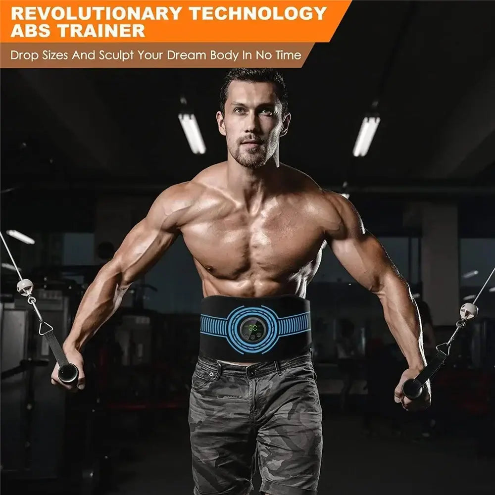 Man using EMS abdominal muscle stimulator belt for effective training and body sculpting in gym settings.