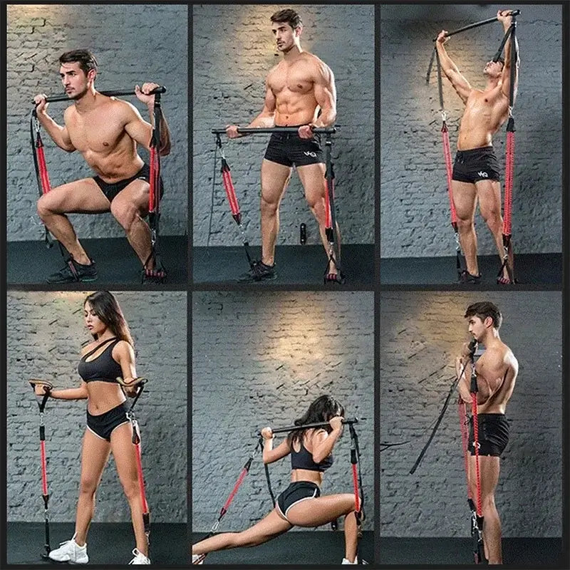 Yoga resistance bands stick in use by two individuals demonstrating various exercises for strength and flexibility.
