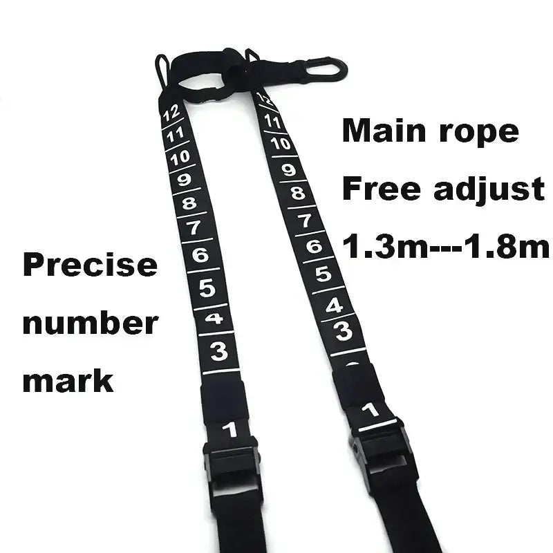Suspension trainer with door anchor showing main rope with adjustable length from 1.3m to 1.8m and precise number markings.