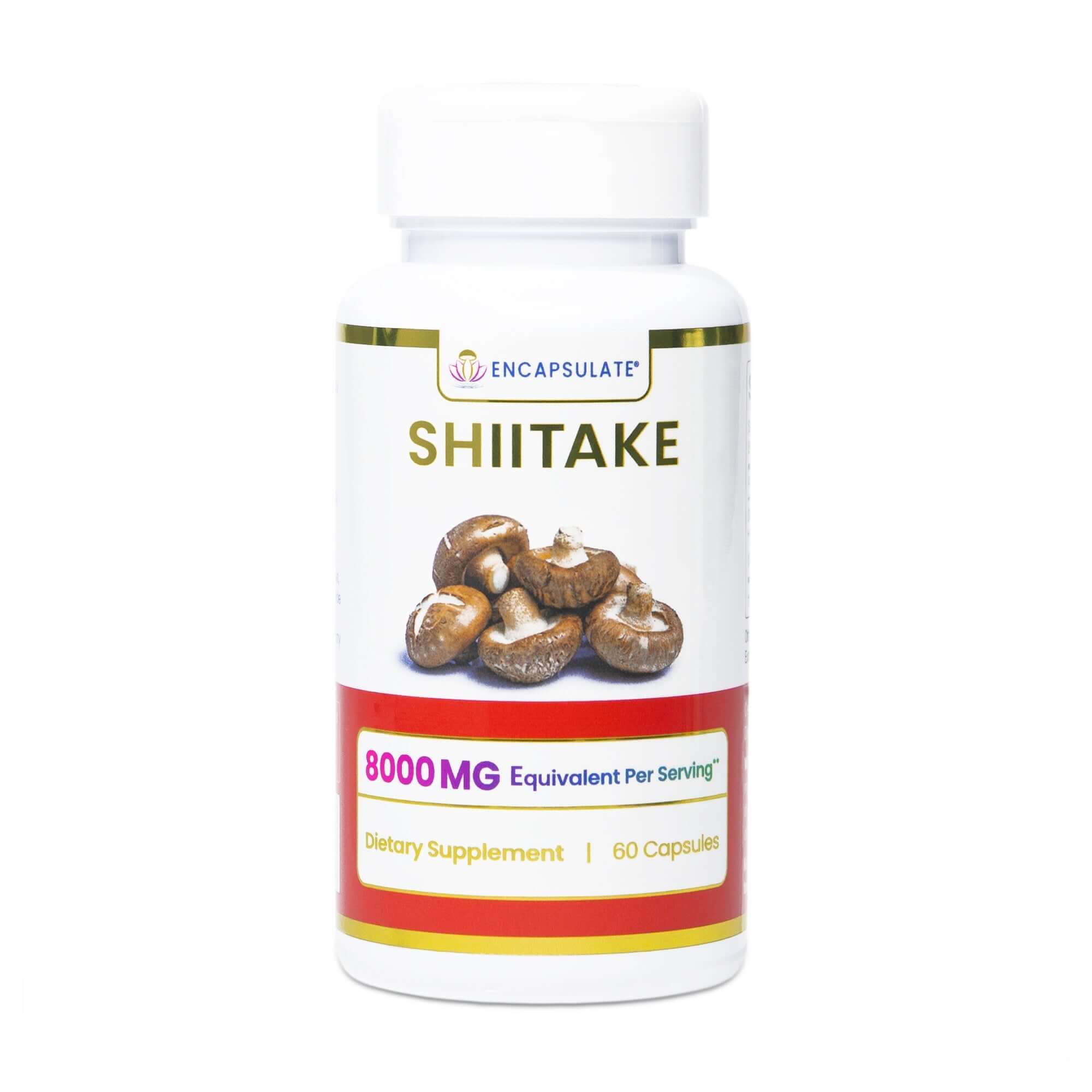 Encapsulate Shiitake Mushroom 8:1 supplement bottle; shiitake mushroom fitness supplements; 60 capsules, 8000 MG per serving.