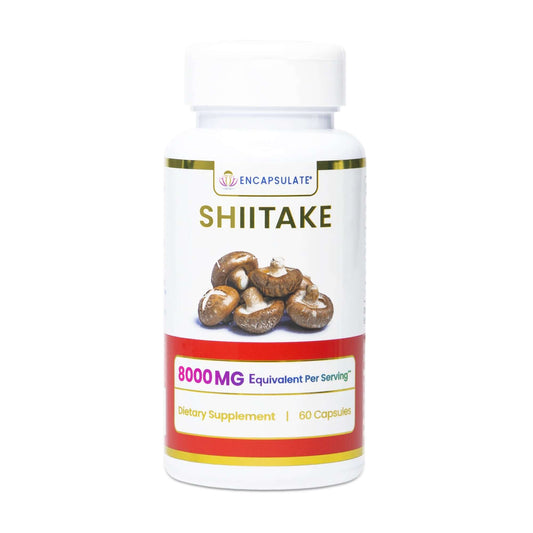 Encapsulate Shiitake Mushroom 8:1 supplement bottle; shiitake mushroom fitness supplements; 60 capsules, 8000 MG per serving.