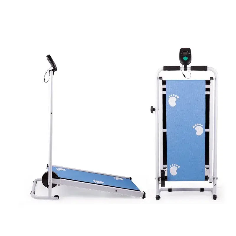 Silent Folding Mechanical Treadmill for home fitness with compact design and blue surface.