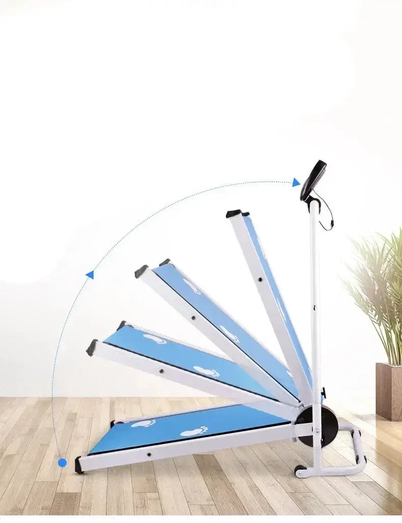 Silent folding mechanical treadmill showcasing compact design for easy storage and home fitness routines.