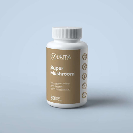 Super Mushroom supplement bottle designed for an active lifestyle mushroom supplement with wellness benefits.