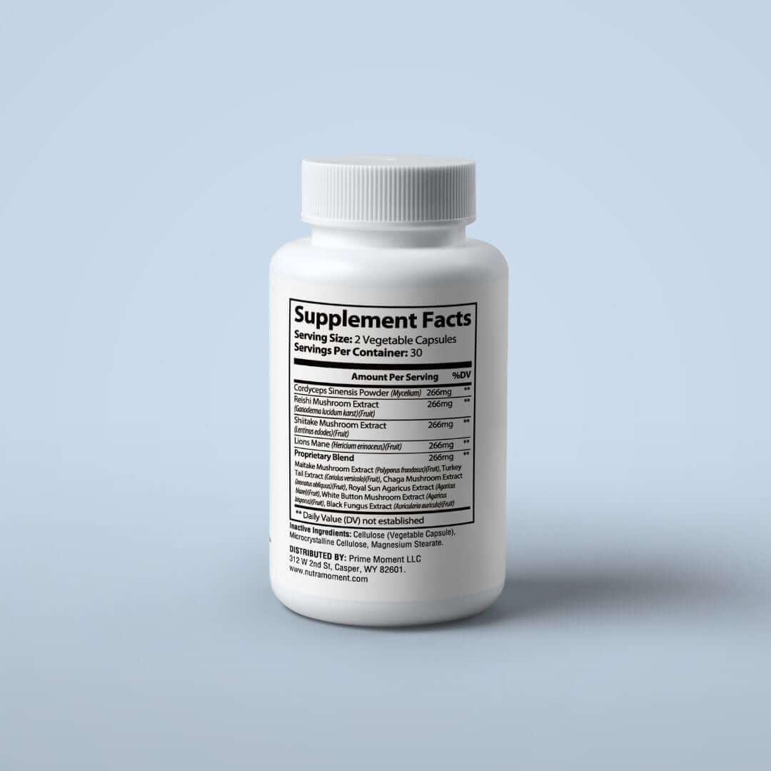 Supplement facts for Super Mushroom active lifestyle mushroom supplement in a white bottle.