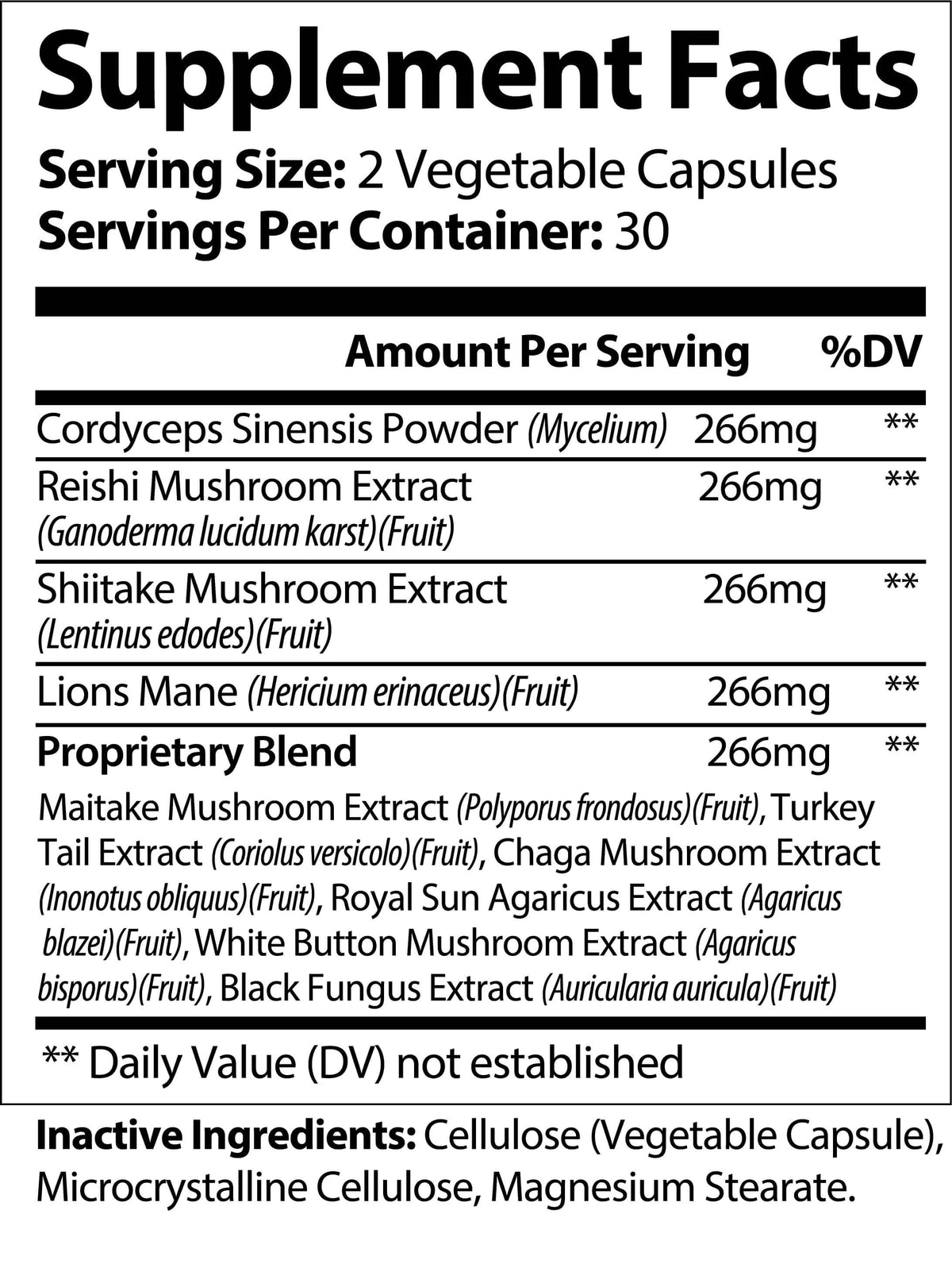 Supplement facts for active lifestyle mushroom supplement with various mushroom extracts and ingredients.