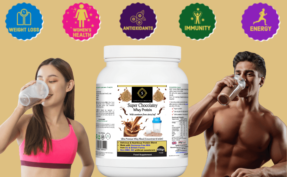 Super Chocolatey Whey Protein powder container with two people enjoying shakes, highlighting chocolate whey protein powder benefits.