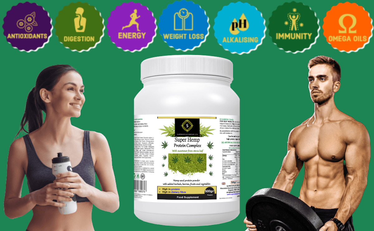 Super Hemp Protein Complex tub with fitness enthusiasts, promoting hemp protein powder supplement benefits.