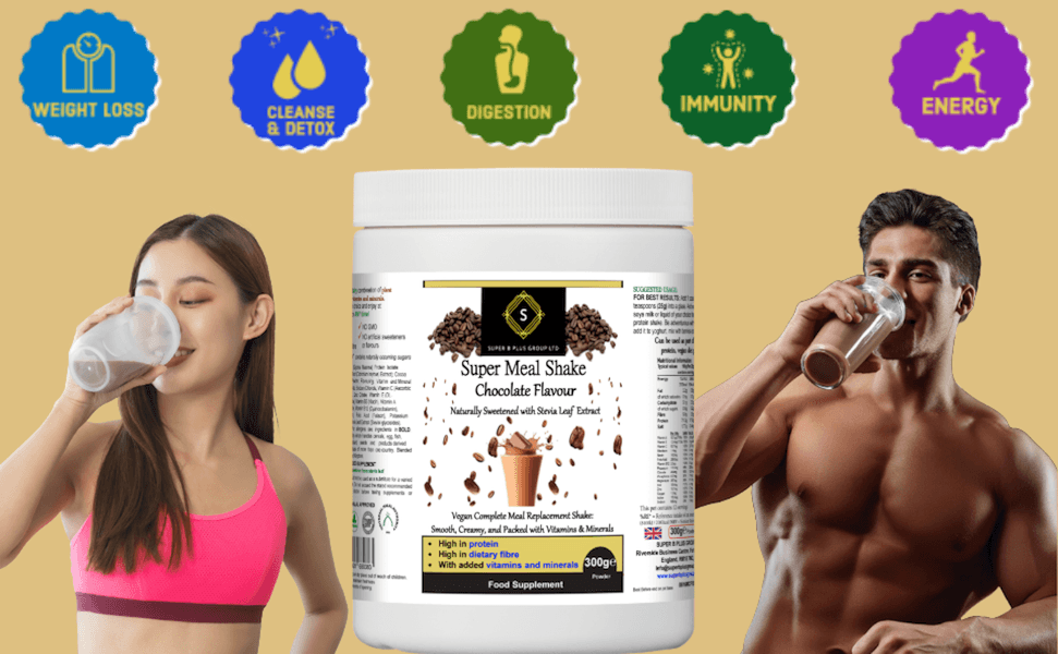 Two individuals enjoying Super Meal Shake (Chocolate Flavour), promoting health benefits of chocolate super meal shake.
