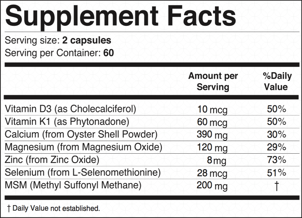 Supplement facts label for BonStrong Nano Calcium, active lifestyle calcium supplement.
