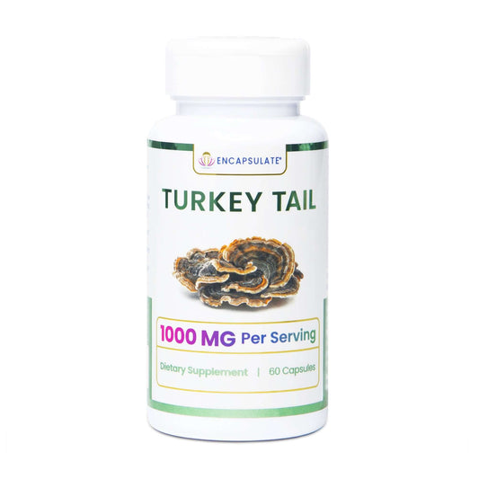 Encapsulate Turkey Tail Mushroom capsules, 1000 MG per serving, dietary supplement in a bottle with mushrooms.