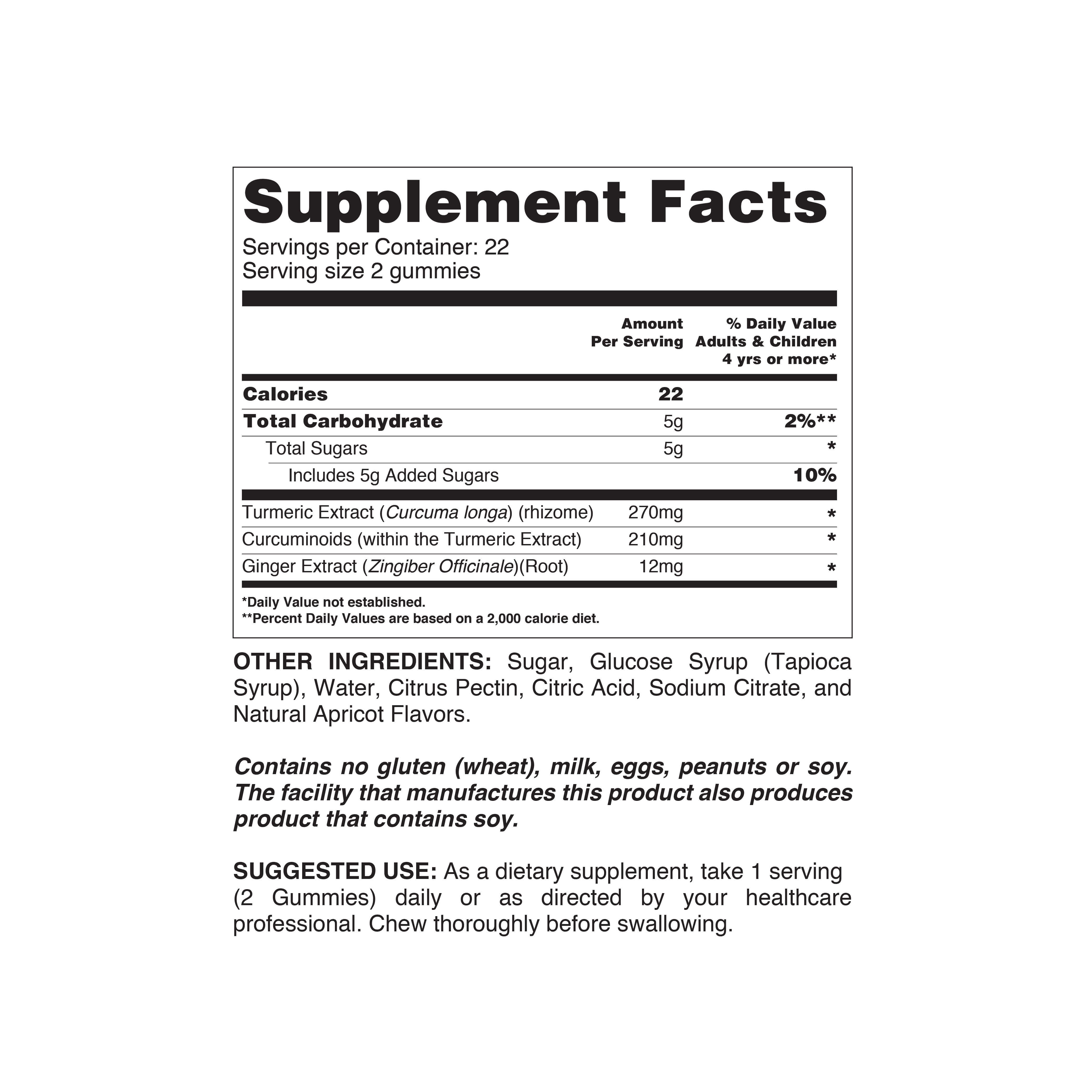 Supplement facts for Curcumin + Ginger dietary supplement gummies, detailing ingredients and nutrition information.