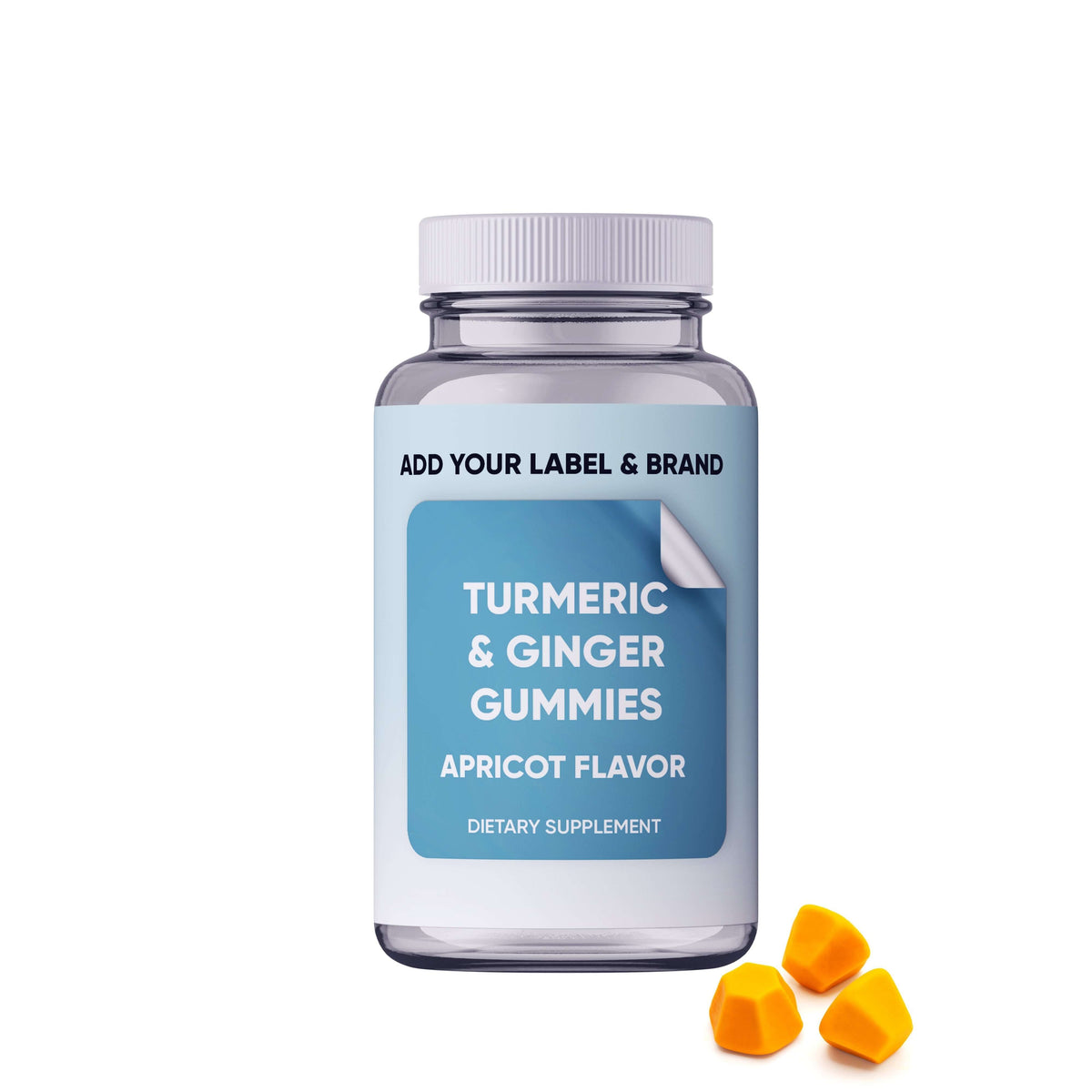 Curcumin ginger dietary supplement in gummy form, featuring turmeric and ginger flavors in a transparent bottle.