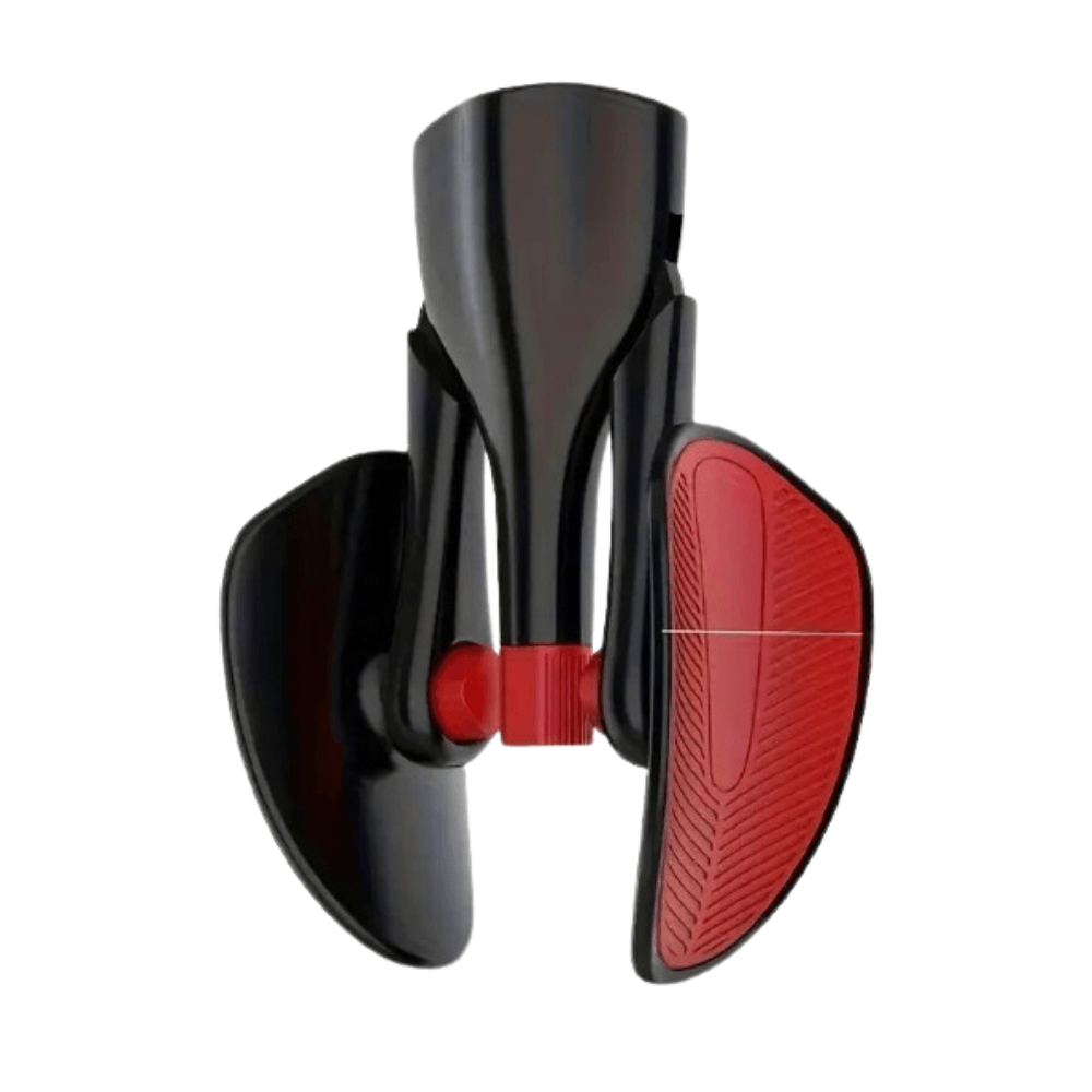 Kegel fitness equipment for pelvic floor, black and red thigh exercise tool for home workouts and gym sessions.