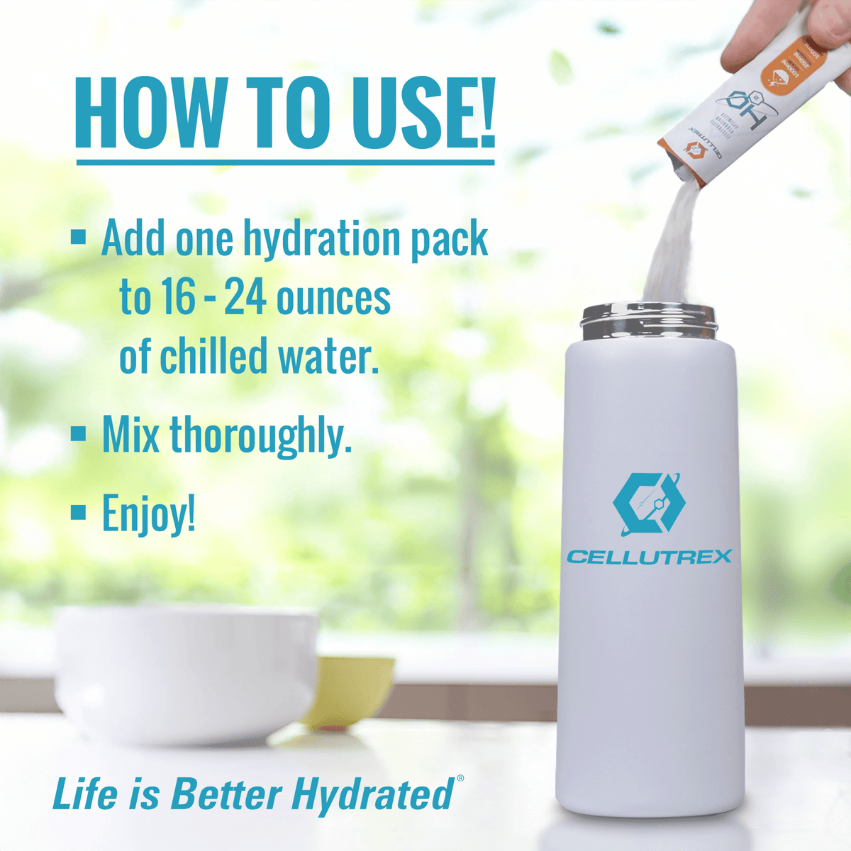 How to use H2O ELECTROLYTES™ - Cherry Limeade zero sugar electrolyte powder in a bottle.