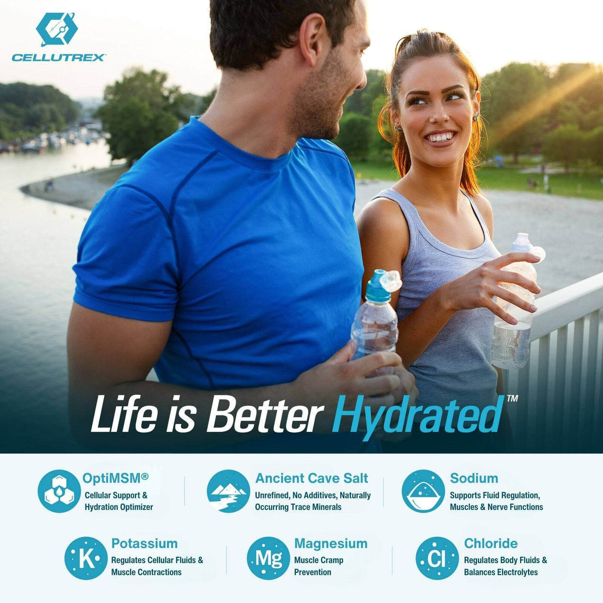 Couple smiling and holding water bottles, promoting hydration with CELLUTREX electrolyte support.