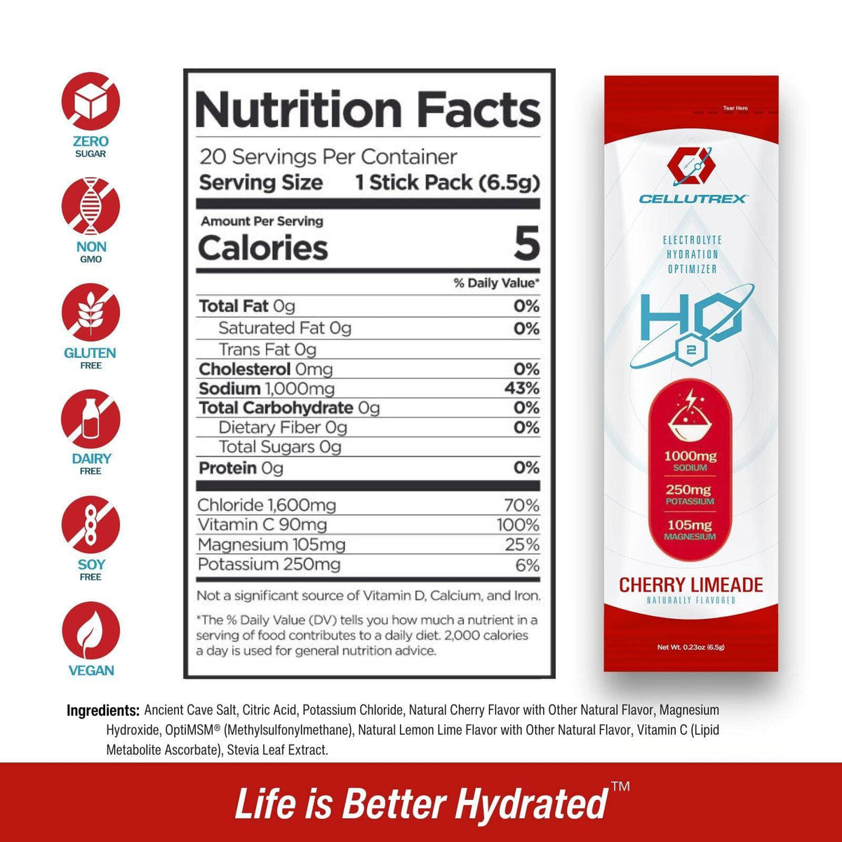 Nutrition facts of H2O ELECTROLYTES™ cherry limeade electrolyte powder in a stick pack.