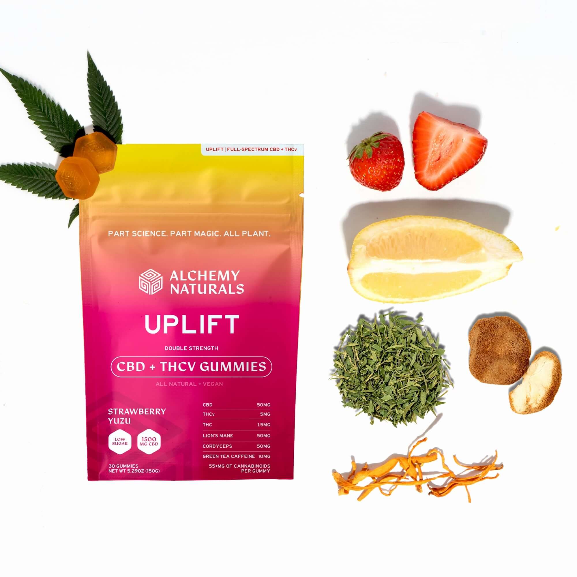CBD uplift gummies for mood by Alchemy Naturals, featuring strawberry yuzu flavor and natural ingredients.