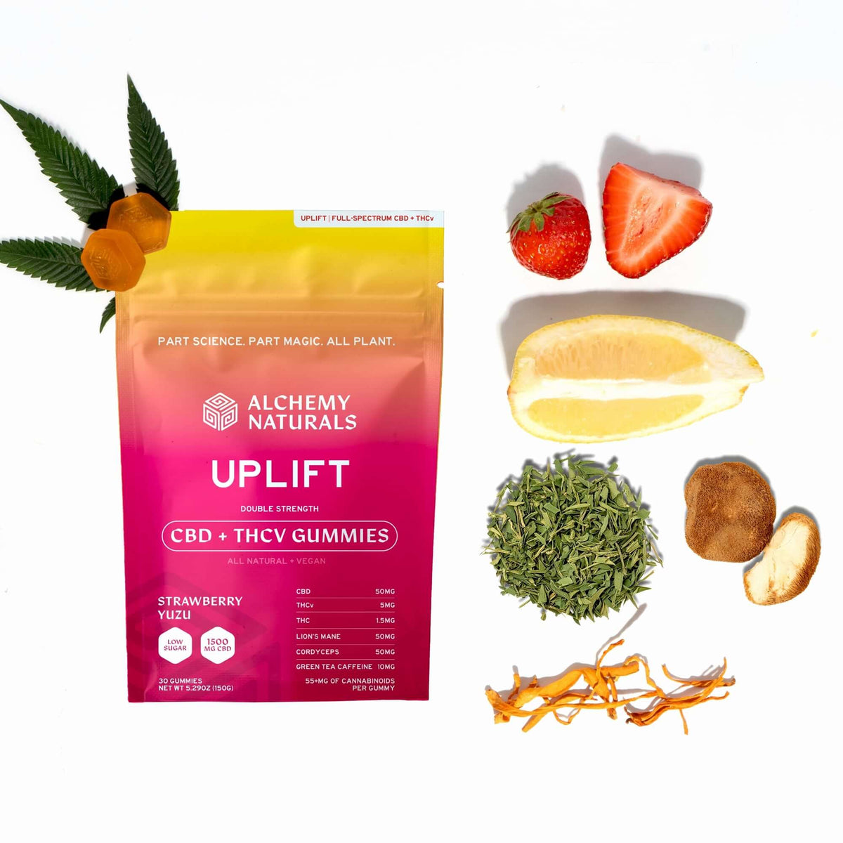 CBD uplift gummies for mood and workout package with fresh ingredients like strawberries and lemon.