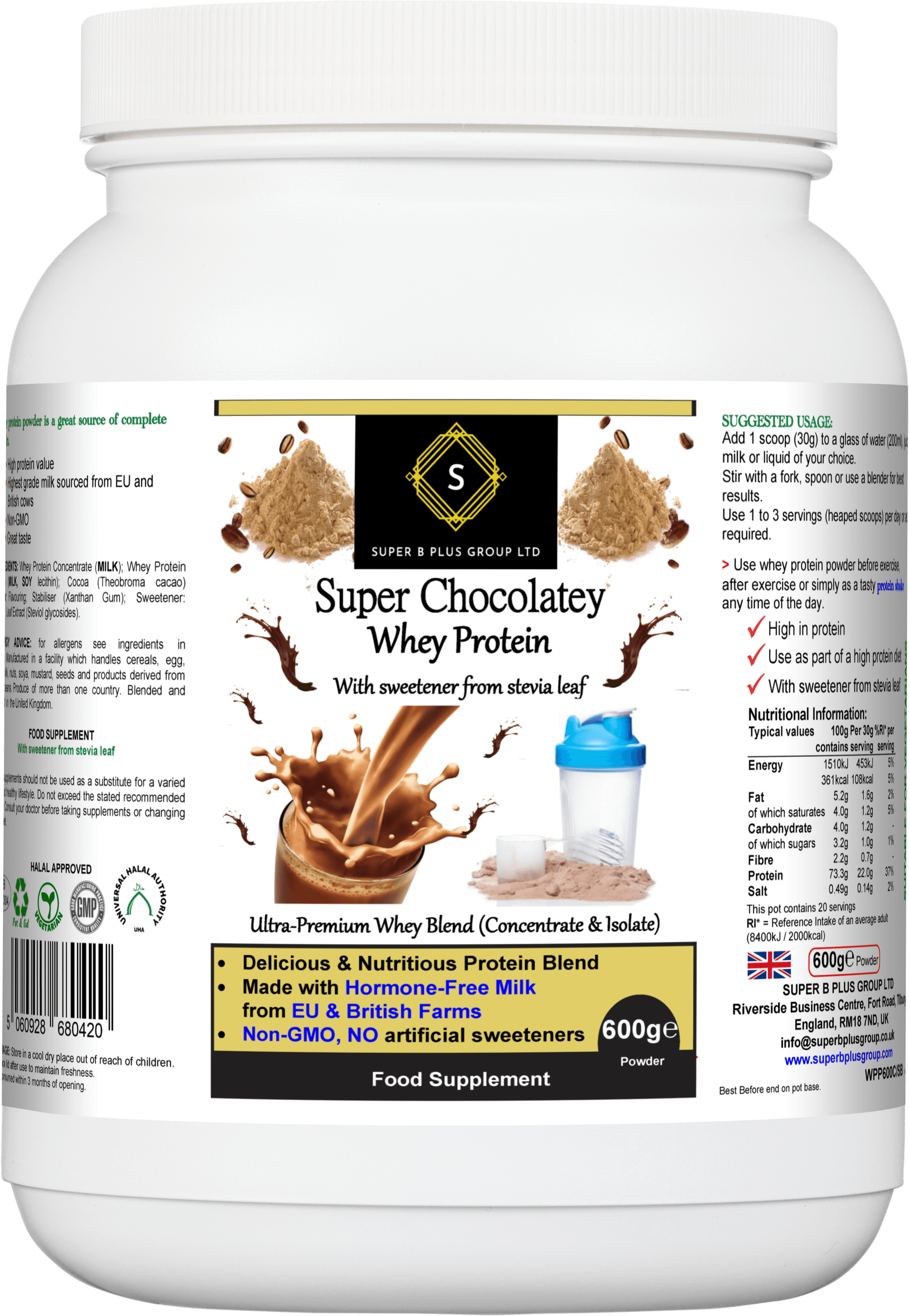 Super Chocolatey Whey Protein powder container showcasing clear label and ingredients, featuring chocolate whey protein powder.