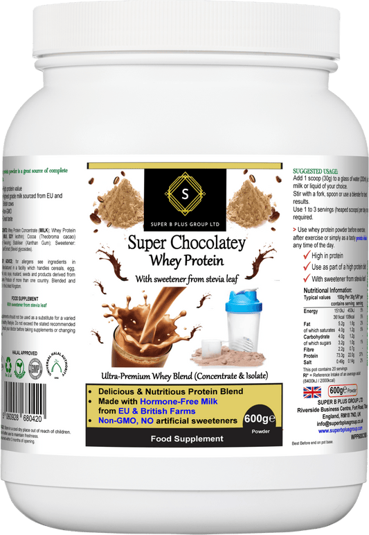 Super Chocolatey Whey Protein powder container showcasing clear label and ingredients, featuring chocolate whey protein powder.