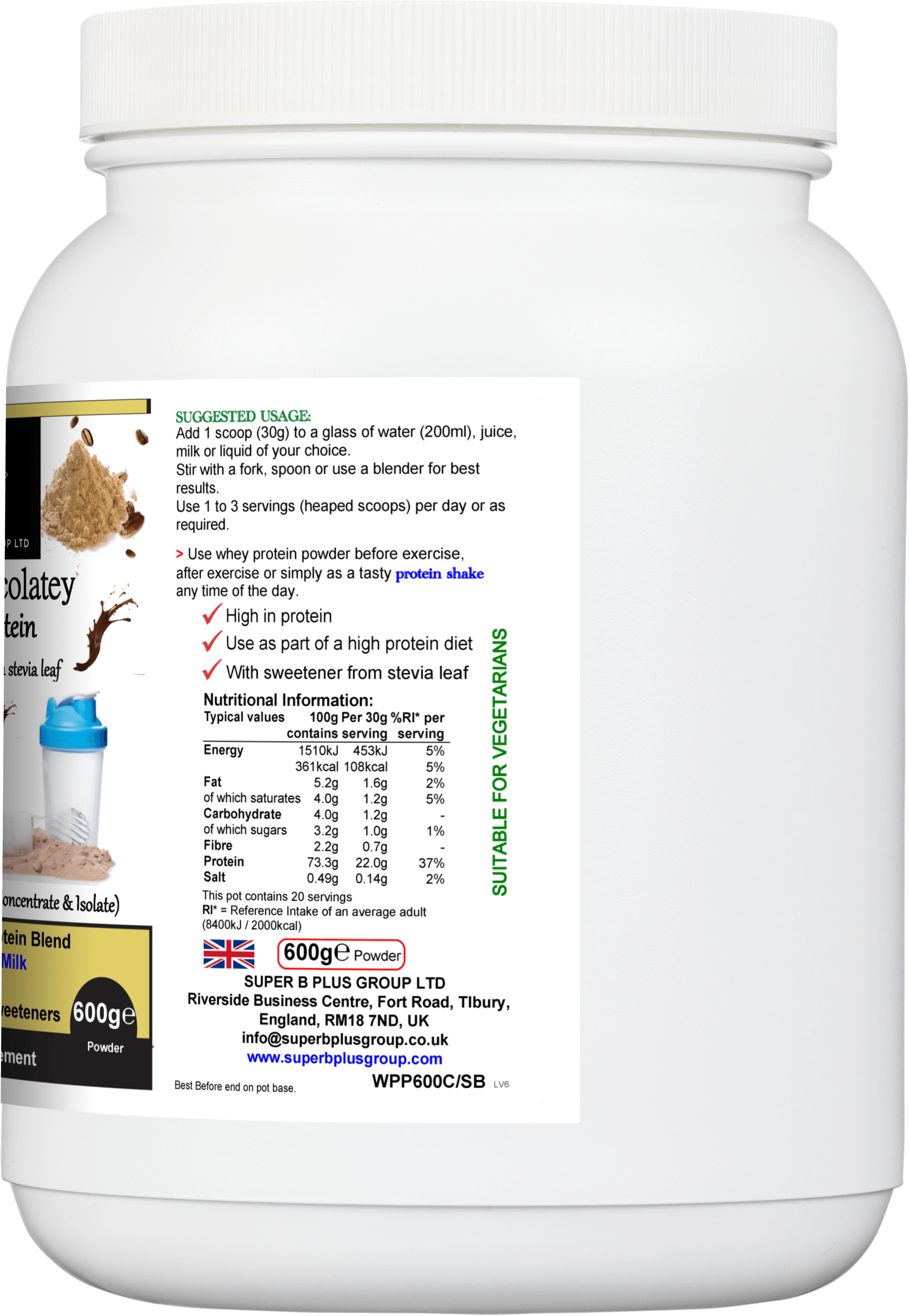 Super Chocolatey Whey Protein powder container, high in protein, featuring chocolate whey protein powder details and serving suggestions.