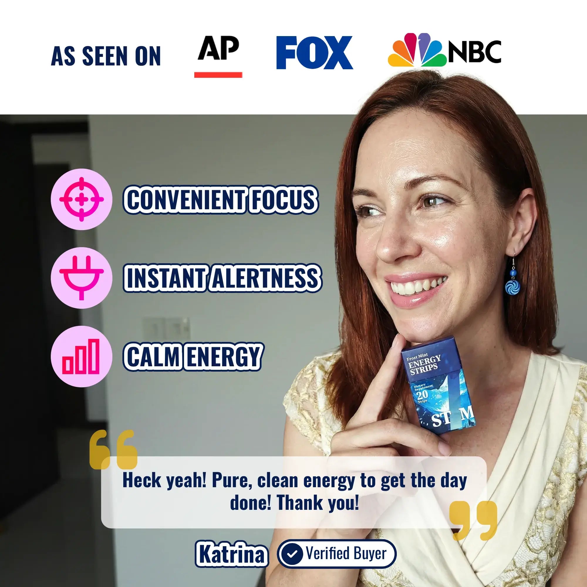 STIM energy strips 20 pack customer testimonial highlighting convenient focus, instant alertness, and calm energy.