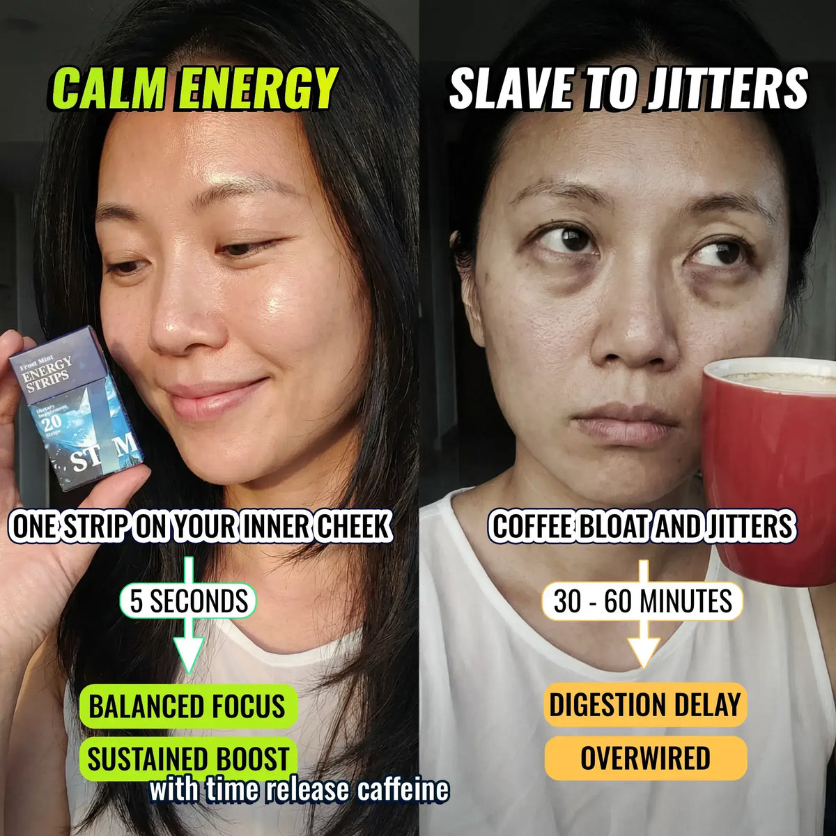Image comparing STIM energy strips 20 pack benefits of calm energy versus jittery coffee experience.