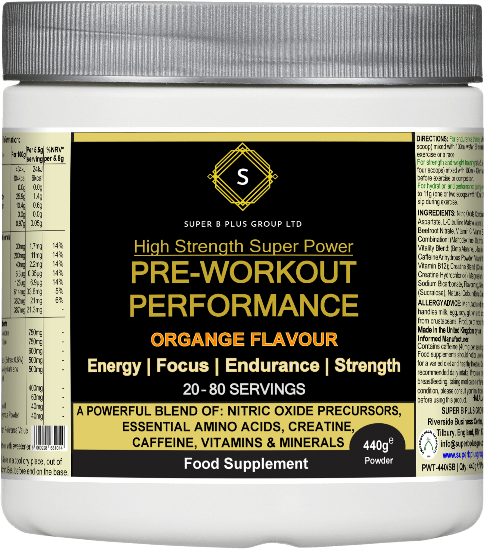 Pre-Workout Performance supplement in orange flavor for energy, focus, endurance, and strength.