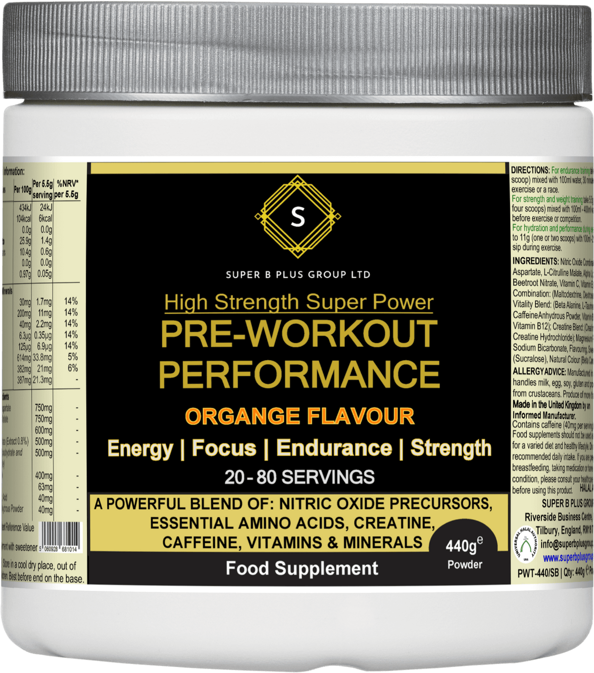 Pre-Workout Performance supplement in orange flavor for energy, focus, endurance, and strength.