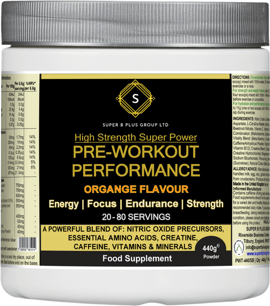 High Strength Super Power Pre-Workout Performance supplement in orange flavor for energy and endurance.