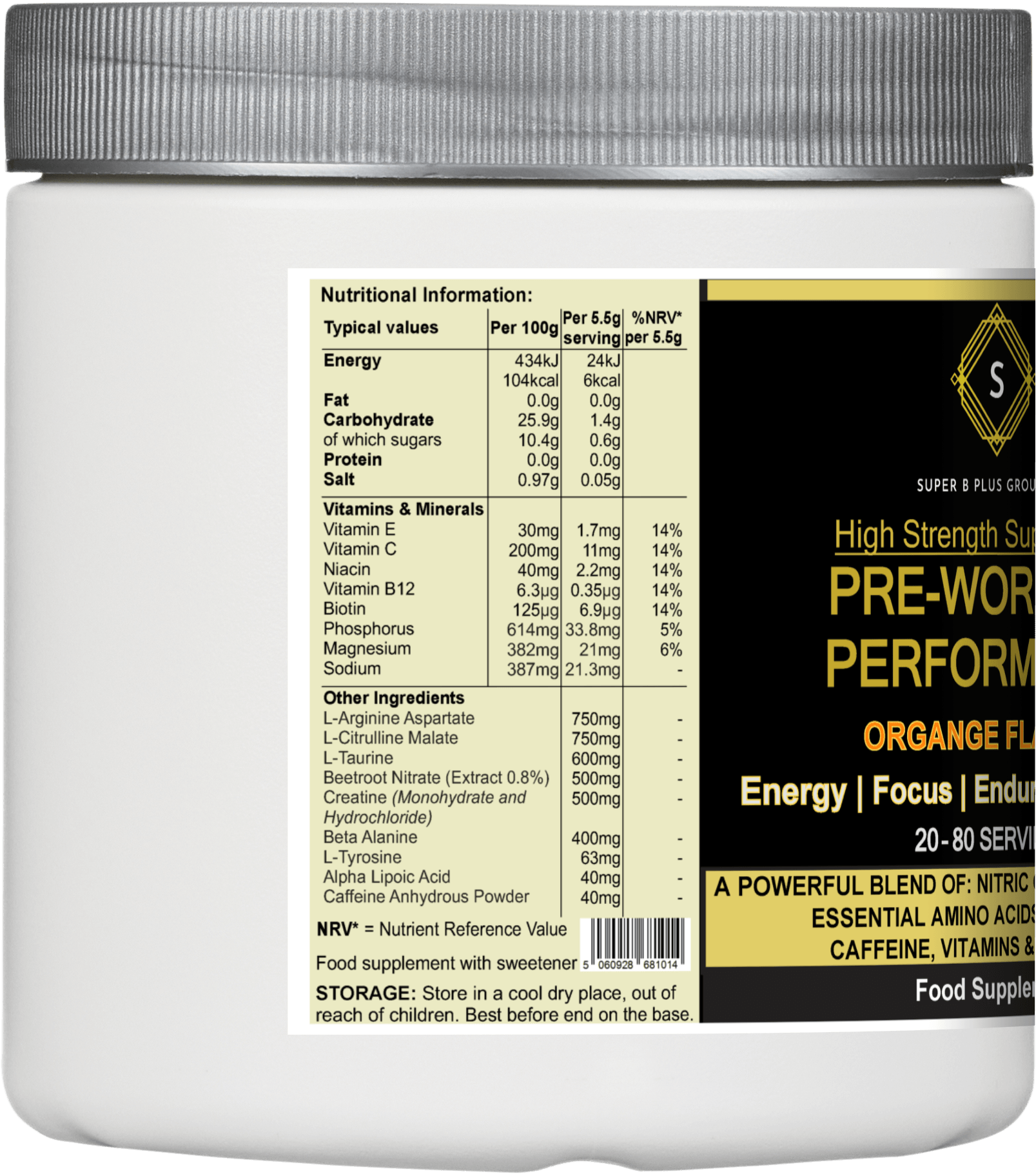 High Strength Pre-Workout Performance supplement container with nutrition facts and ingredients list.